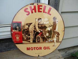 Old Vintage 1939 Shell Motor Oil Porcelain Gas & Oil Pump Sign Advertising