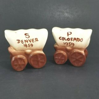 Vintage Ceramic Salt And Pepper Shaker Set Denver Colorado Covered Wagons 3 Inch