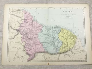 1891 Antique Map Of Guiana South America British Dutch French Colony Mandate