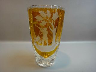 Vtg Bohemian Amber Cut To Clear Crystal Vase 8 " Hawk & Hunter Pattern