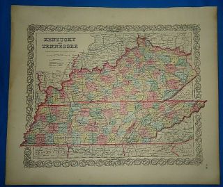 Vintage 1857 Map Kentucky - Tennessee Old Antique Colton 