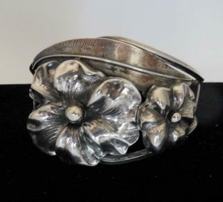 Vtg Mid Century Modern Studio Sterling Silver Repousse Wild Rose Cuff Bracelet