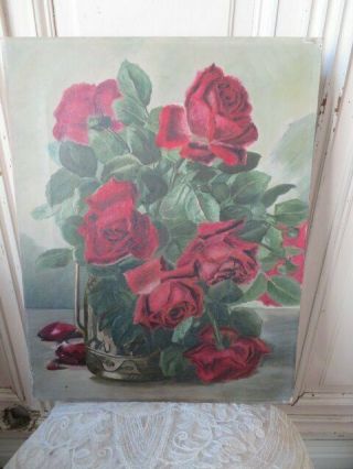 Breathtaking Old Antique Vintage Rose Oil Painting Red Roses On Canvas