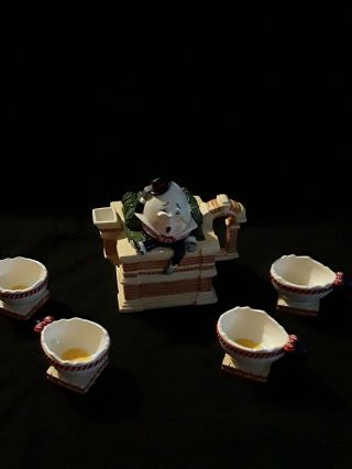 Dept 56 Handpainted Ceramic Tea Set Retired Humpty Dumpty Teapot W/ 4 Egg Cups