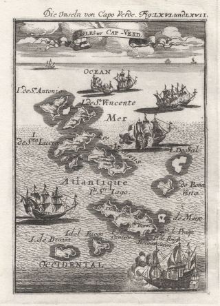 1685 Cape Verde Islands 17th Century Copper Plate Engraved Map Mallet
