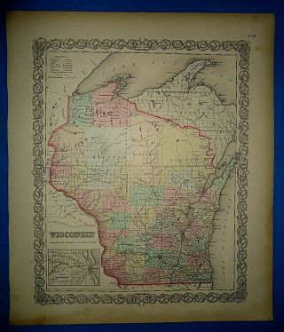1856 Colton Atlas Map Wisconsin - Milwaukee Old Antique S&h