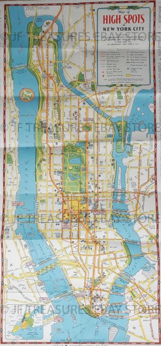 1930s Wonderful Illustrated Map Of York City Large 17x30 Inches Fold - Out