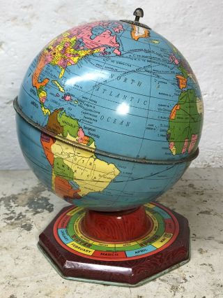 Antique 1920 ' s Old World Globe Tin Litho Vintage Metal J Chein Toys Desktop USA 2