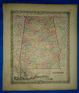 Vintage 1857 Map Alabama Old Antique Colton 