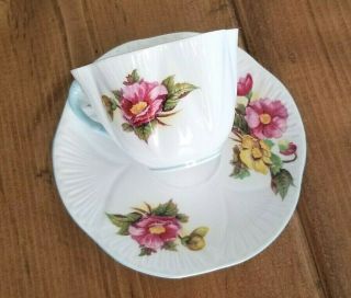 SHELLEY Fine Bone China Tea Cup and Saucer BEGONIA Pink Yellow Blue Trim England 3