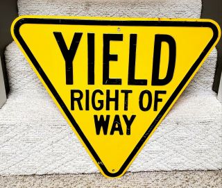Vintage Yield Right Of Way Road Street Sign Heavy Embossed Steel Yellow 1950 