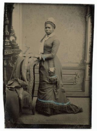 Black African American Woman In Vintage Dress With Blue Trim Highlights Tintype