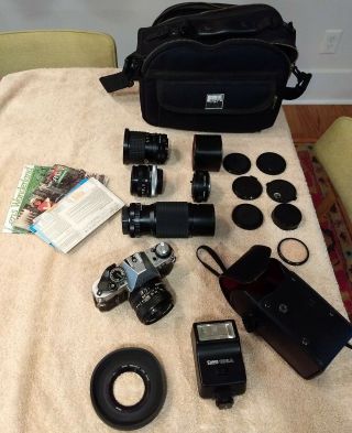 Vintage Canon Ae - 1 Program 35mm Slr Film Camera With Multiple Lenses,  Bag,  Flash