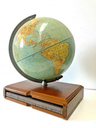 40’s Weber Costello 10” Terrestrial Globe W/ Atlas Book Stand Art Deco Mcm Vtg