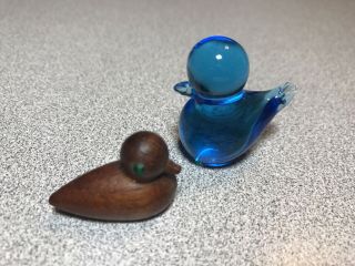 2 Vintage Duck Figurines Glass Wood Collectible Unbranded Miniature