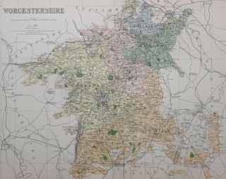 1889 County Map Worcestershire Bewdley Evesham Halesowen Stourport Kidderminster