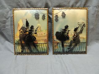Vintage Reverse Painted Silhouette Convex Bubble Glass Pictures Ballerina Jester