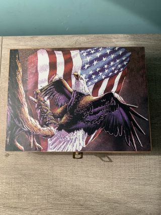 Wood Box With Hinged Lid American Flag And Eagle Lined Interior Trinket Box Dad