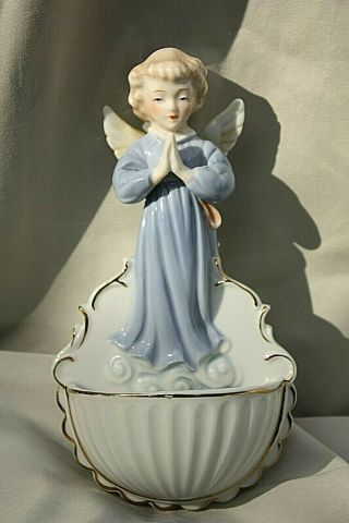 Vintage Porcelain Angel Holy Water Font Wall Plaque 7 " Folded Hands In Prayer