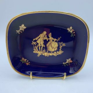 Vtg Limoges Porcelain Courting Couple Cobalt Blue Gold Trim Trinket Dish Tray