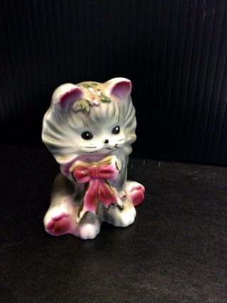 Vintage 50 - 60’s Porcelain Grey Kitten Cat Figurine Japan 3.  5” Souvenir Oak Ridge