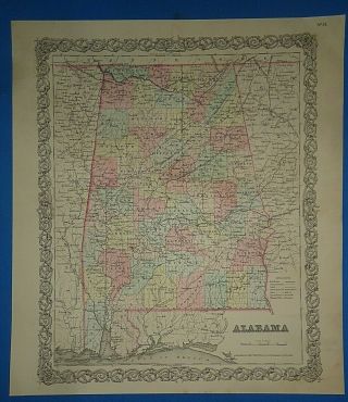 Vintage 1856 Alabama Map Old Antique Colton 