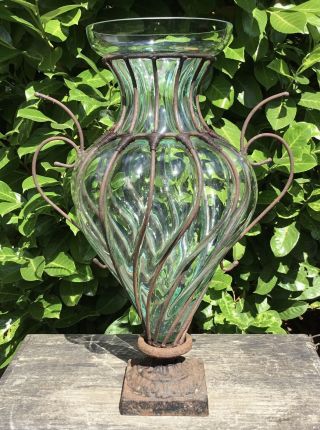 Large 21.  75” Tall Vintage Italian Design Wrought Iron Caged Glass Urn Vase