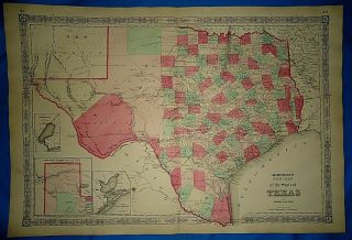 Vintage Civil War Period 1864 Map Texas Old Antique & Authentic S&h