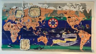 1956 Chocolat Menier World Map Lithograph,  By J.  B.  Jannot,  Hermes Scarf Designer