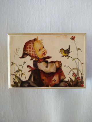 Reuge Swiss Wood Music Box.  Hummel Girl With Bird.  Song: Edelweiss 4 " X 3 "