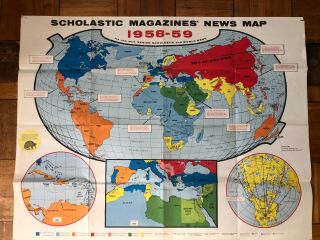 Vintage World Map Poster Decor Scholastic Wall Hanging 1950s Vintage Poster