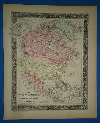 Vintage Circa 1860 North America Map Old Antique Vibrant Hand Colored