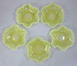 - 5 - Vintage Fenton Opalescent Topaz Vaseline Glass Hobnail Ruffled Berry Bowls