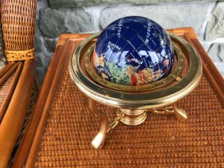 Vintage Blue Lapis Gemstone Inlaid Globe With Compass And Brass Stand 10” Tall