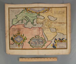 17thc Antique Abraham Ortelius Sacred Geography Copper Engraved Hand Colored Map