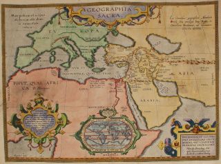 17thC Antique Abraham Ortelius Sacred Geography Copper Engraved Hand Colored Map 2