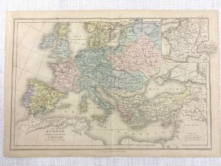 1877 Antique Map Of Europe Hand Coloured Medieval Middle Ages Historical Empires