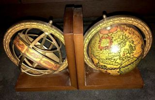 Vintage Italian Zodiac Astrological & World Globe Wood & Brass Bookends