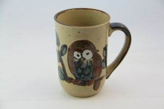 Vintage Otagiri Style Owl Mug Hand - Painted Blue & Brown Owl Sitting On Branch