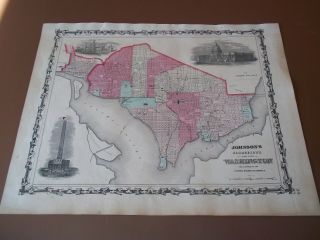 1862 Antique Johnson Ward Hand - Colored Map Of Washington Dc Georgetown