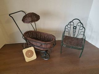 Boyd’s Bears Collectible Wicker Baby Carriage Stroller Pram And Chair