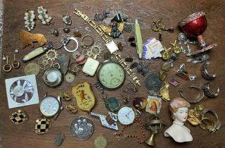 Vtg Estate Junk Drawer Watches Jewelry Coins Artifacts Collectibles