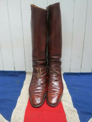 Desirable English Polished Antique Vintage Brown Laced Leather Riding Boots