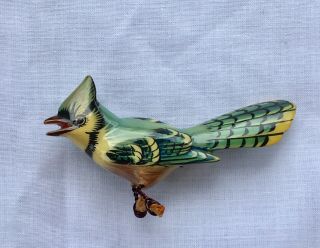 Vintage Takahashi Blue Jay Bird Lapel Pin Hand Painted Hand Carved Hardwood