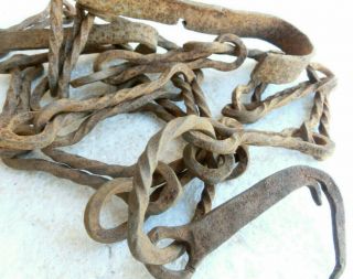 93 " Antique Primitive Hand Forged Iron Twisted Chain W/ Hooks Hearth Fireplace