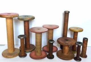 11 Antique Primitive Wooden Spool Loom Yarn Spinning Bobbin Thread Weaving Tool
