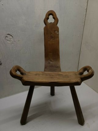 Antique Primitive Wood Carved 3 Legged Birthing Chair Long Back Hand Carved