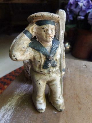 Vintage Early 1900s Cast Iron Sailor Bank AWESOME Primitive Patina 3
