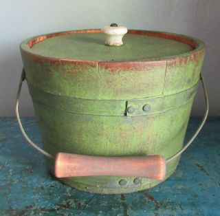 5 " Vintage Firkin - Wood Sugar Bucket - Shaker Pantry Box - Green Paint - Bail - Knob