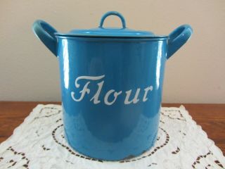 Antique Vtg Blue Enamelware Flour Canister Kitchen Graniteware Storage Bin Pot